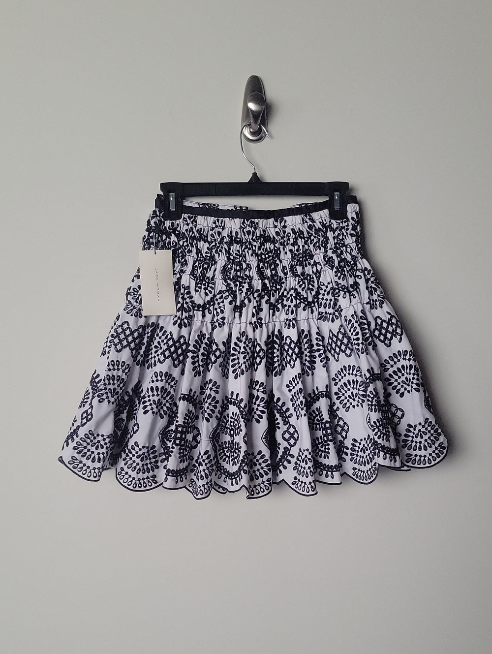 NWT ZARA Black White Eyelet Embroidered Smock Tiered Ruffle Mini Skirt Flare XS